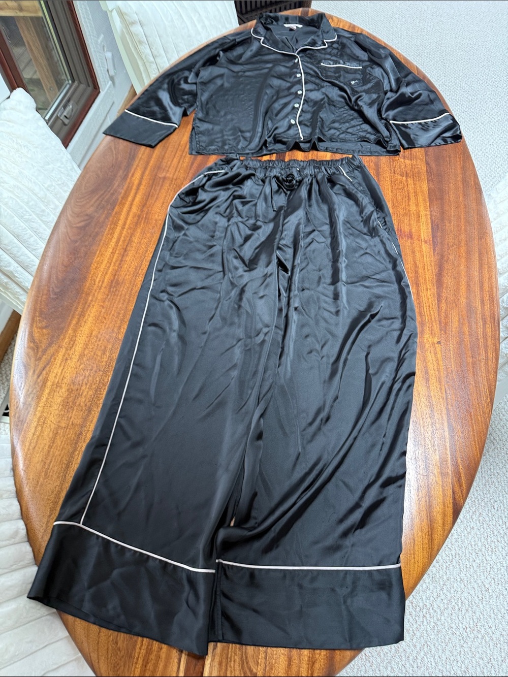 Victoria’s Secret classy Black Satin Two-Piece Pajama Set with White Piping